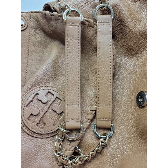 Tory Burch Marion Whipstitch Leather Saddle Convertible Chain Crossbody Tan Bag - Picture 14 of 16